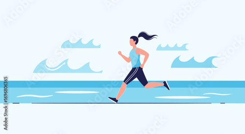 Woman Running Near Ocean, Achieving Fitness Goals, Exercising Outdoors for Health