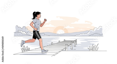 Woman Running On A Pier Near A Lake At Sunset Time With Beautiful Landscape