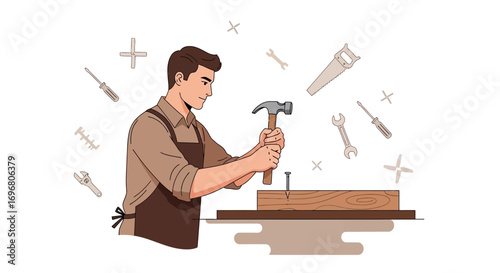 Woodworker in Action: Applying Hammer and Nail to a Wooden Board with Style