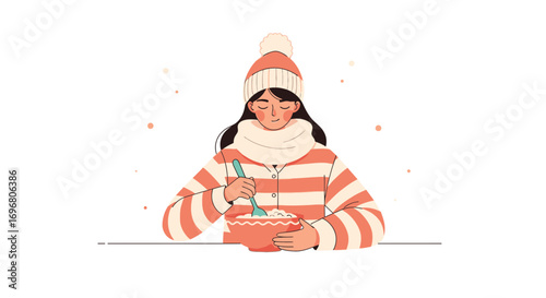 Winter Scene: A Cozy Woman Enjoying A Bowl Of Food In An Artistic Illustration