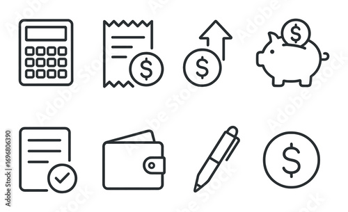 Financial icons set displaying calculator, receipt, savings, wallet, document, pen, growth, currency