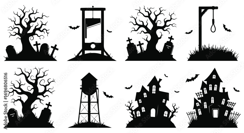 custom made wallpaper toronto digitalSpooky halloween silhouettes isolated on white background featuring haunted trees, guillotine, noose, water tower, and haunted houses for halloween decorations