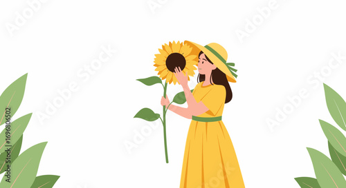 Woman Admiring Sunflower In Bright Yellow Dress And Sun Hat Enjoying Botanical Scene