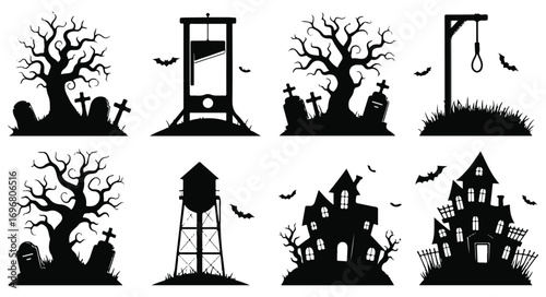 Spooky halloween silhouettes isolated on white background featuring haunted trees, guillotine, noose, water tower, and haunted houses for halloween decorations