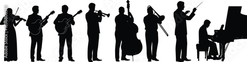 Silhouette vector of diverse jazz ensemble with conductor and musicians playing various instruments for music, performance, and artistic themes.