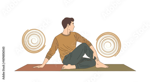 Yoga Practice Illustration of Person in a Twist Pose with Abstract Swirls Background