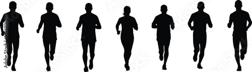 Silhouette runners in motion, athletic male and female jogging poses, fitness training vector set for sports and animation reference