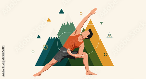 Yoga In The Mountains, Geometric Design Of A Person Doing Exercise For Well Being And Healthiness