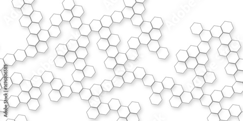 A pattern of white hexagon shapes arranged subtle shadows that create a three-dimensional, layered effect, the geometric repetition and depth of the hexagonal grid.	