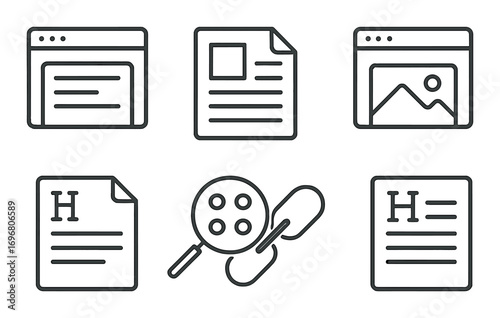 Set of minimalist icons representing webpage documents and multimedia tools