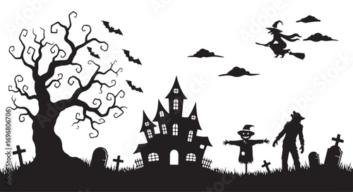 Silhouette of a spooky haunted house with a graveyard, a scarecrow, a witch on a broom, bats, and a creepy tree isolated on white background