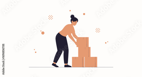 Woman Arranging Cardboard Boxes Representing Organization and Logistics Tasks