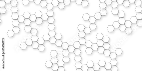 A pattern of white hexagon shapes arranged subtle shadows that create a three-dimensional, layered effect, the geometric repetition and depth of the hexagonal grid.	