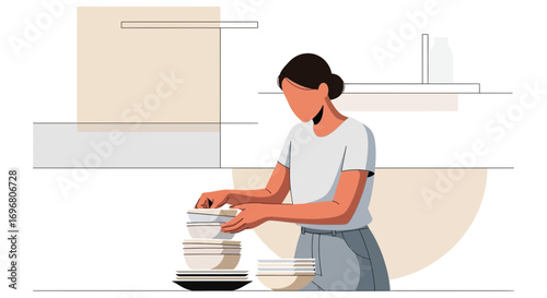 Woman Arranging Dishes in a Minimalist Kitchen Setting Illustration Design Concept