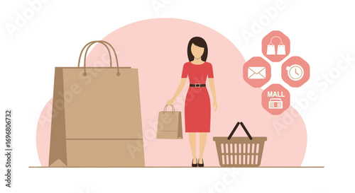 Woman Shopping With Bags, Basket, Mall Icons, Fashion, Retail, And Commerce Illustration Design