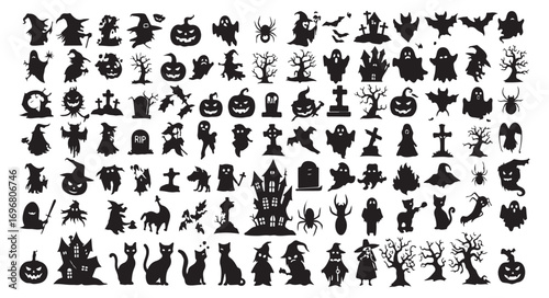 Collection of halloween silhouettes isolated on white background featuring witches, ghosts, pumpkins, bats, spiders, haunted houses, and gravestones