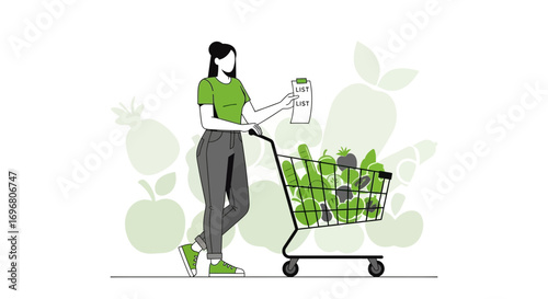 Woman Shopping With Groceries And List Demonstrating Consumerism And Healthy Eating Habits.