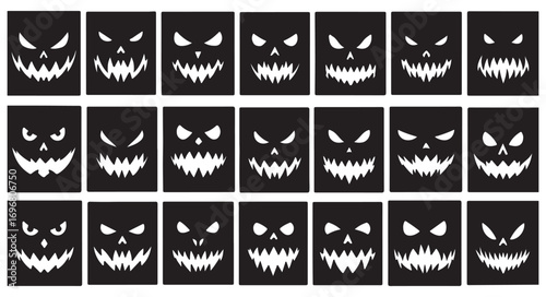 Collection of scary halloween pumpkin face designs, each with unique expressions and menacing grins isolated on white background