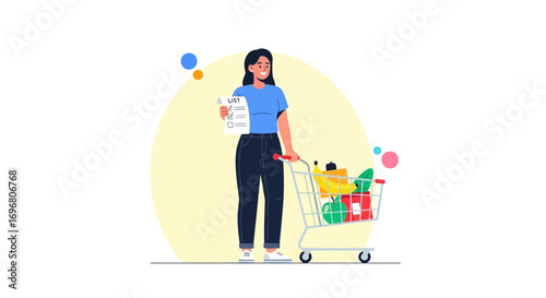 Woman Shopping With List Cart And Groceries In Bright Colored Illustration