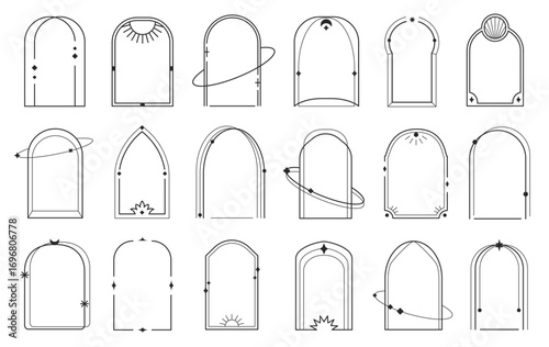 Linear boho arch frames. Bohemian arched borders shapes with stars, orbits and sun rays. Celestial and cosmic geometric minimalist decorative line art vector templates set with editable stroke path.