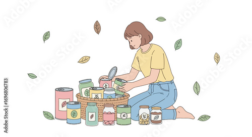 Woman Arranging Food Preserve Jars and Canned Goods in Whimsical Style Illustration