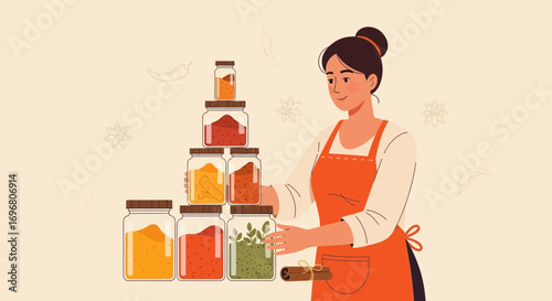 Woman Arranging Variety Of Spices In Jars Presenting Culinary Art and Kitchen Delights