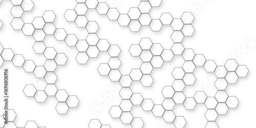 A pattern of white hexagon shapes arranged subtle shadows that create a three-dimensional, layered effect, the geometric repetition and depth of the hexagonal grid.	