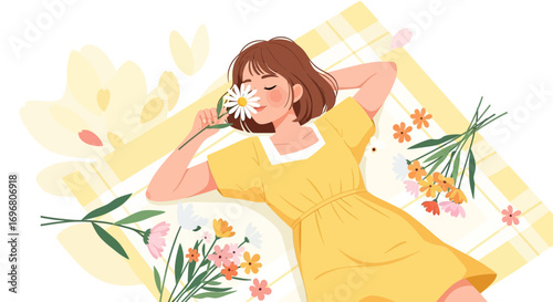 Woman Smelling Flower, Relaxation, Enjoying Nature, Summer, Calm, Happiness, Restful