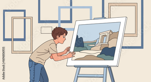 Young Artist In A Studio, Analyzing Artwork And Admiring The Illustration On Canvas