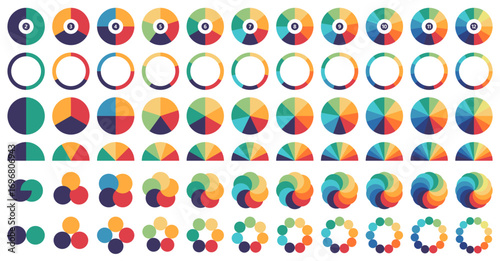 Multicolored circular diagrams. Segmented pie chart and donut infographic graphs, gauge layouts, overlapping and interconnected circles for data visualization and business presentation vector set.