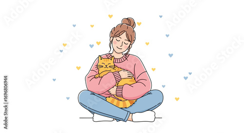 Woman Smiling While Hugging Friendly Pet Cat With Hearts, Illustration, Simple And Appealing