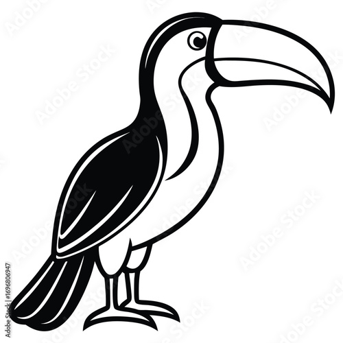 Black and white vector art of a toucan bird with a large beak on a white background illustration