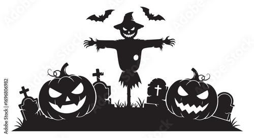 A spooky halloween silhouette featuring a scarecrow, pumpkins, tombstones, and bats, isolated on white background, creating a chilling and eerie atmosphere