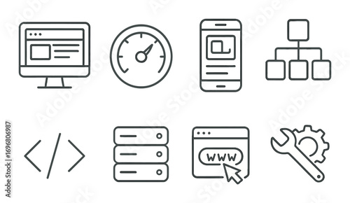 Web development icons: website design tools and optimization elements