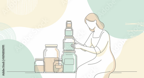Woman Carefully Stacking Preserved Jars in a Modern And Minimalist Illustration