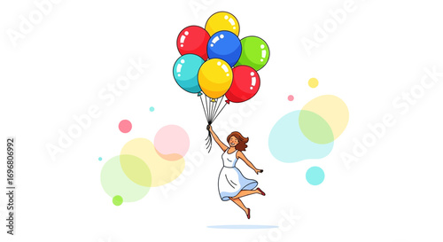 Woman Soars With Balloons Symbolizing Joy, Freedom And Positive Emotions With Colorful Elements