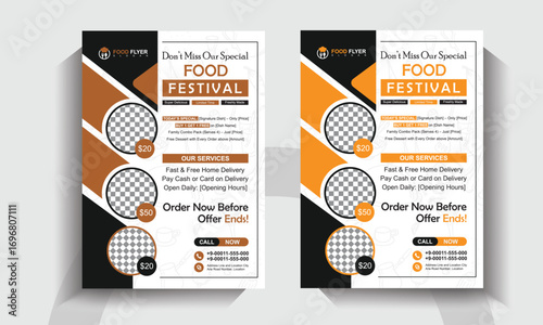 Food Festival Flyer Template. Restaurant Promotion Poster Design. Modern Fast Food Menu and Home Delivery Layout. 