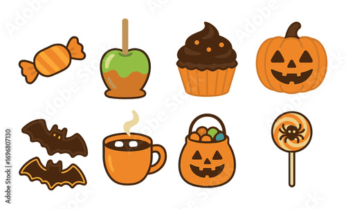 Halloween icons set: pumpkin, candy, bat, caramel apple, cupcake, steaming mug, spider lollipop
