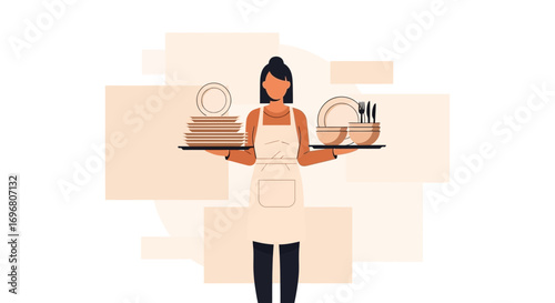 Woman Balancing Plates, Bowls, And Cutlery, Ready To Serve At The Dining Table