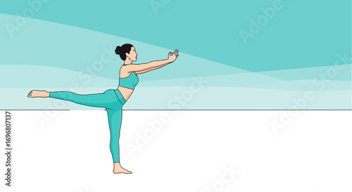 Woman Balancing Yoga Pose With Arms Extended And Leg Lifted Against Blue Background