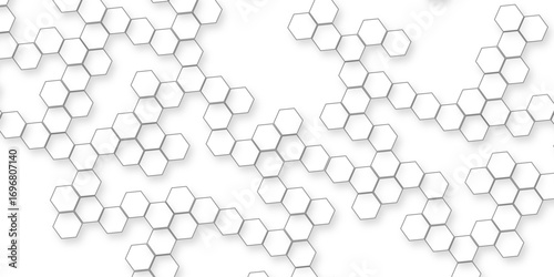 A pattern of white hexagon shapes arranged subtle shadows that create a three-dimensional, layered effect, the geometric repetition and depth of the hexagonal grid.	