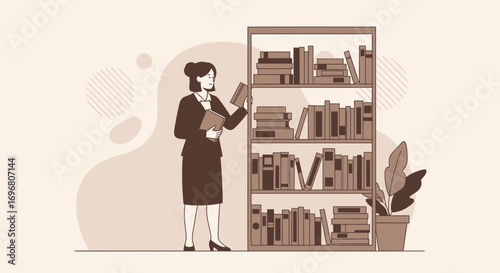 Woman Browsing Bookshelf In Search Of Literature In Pleasant And Artistic Graphic Style