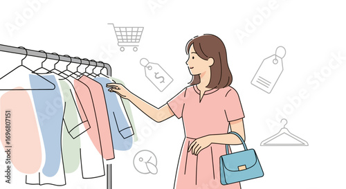 Woman Browsing Clothing Rack in Store, Shopping for Dresses and Accessories in Boutique