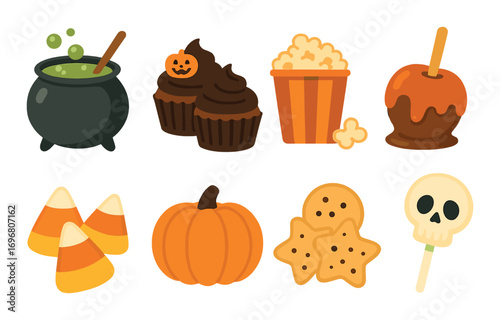 Halloween treats illustration featuring candy, cupcakes, pumpkin, and cauldron