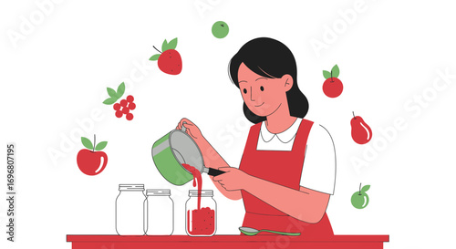 Woman Canning Fresh Preserves into Glass Jars from Fresh Fruit in Simple Flat Illustration