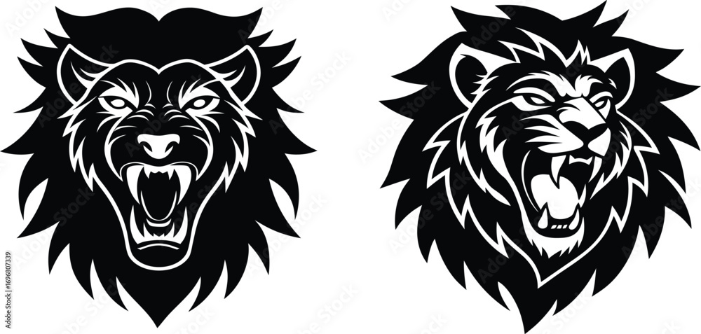 Obraz premium Fierce lion head tattoo design with angry roaring expression for bold body art applications vector