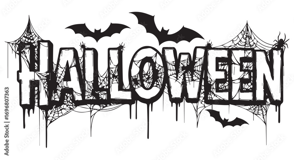 Fototapeta premium Halloween text with bats and spider webs isolated on white background, perfect for spooky season decorations and themed party invitations or banners
