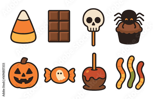 Halloween candy icons: chocolate, skull, spider, pumpkin, gummy worms, and candy apple