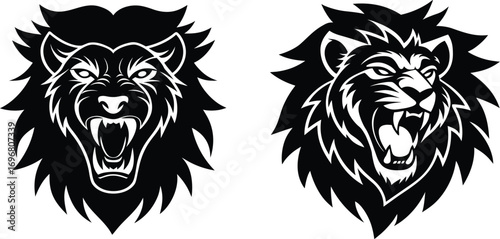 Fierce lion head tattoo design with angry roaring expression for bold body art applications vector