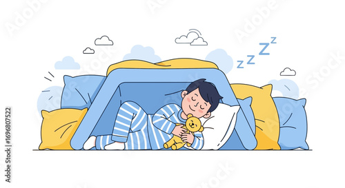 Young Boy Dreaming Peacefully While Snuggled With His Toy Bear In Bed